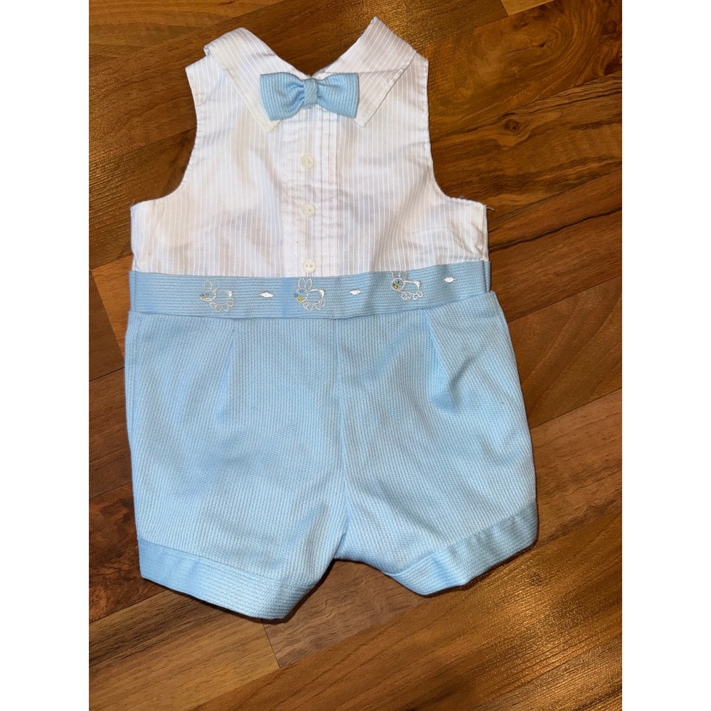 Mayfair‎ Baby Boy Blue Bunny Romper  Bow Tie Outfit Set Newborn Easter vintage